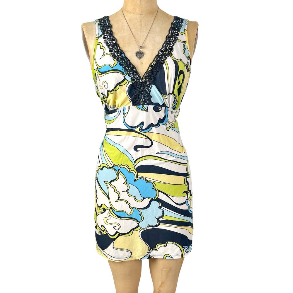Vtg Y2K Slip Dress L Psychedelic Swirl Lace Trim Mini‎ Boho Fairy Retro